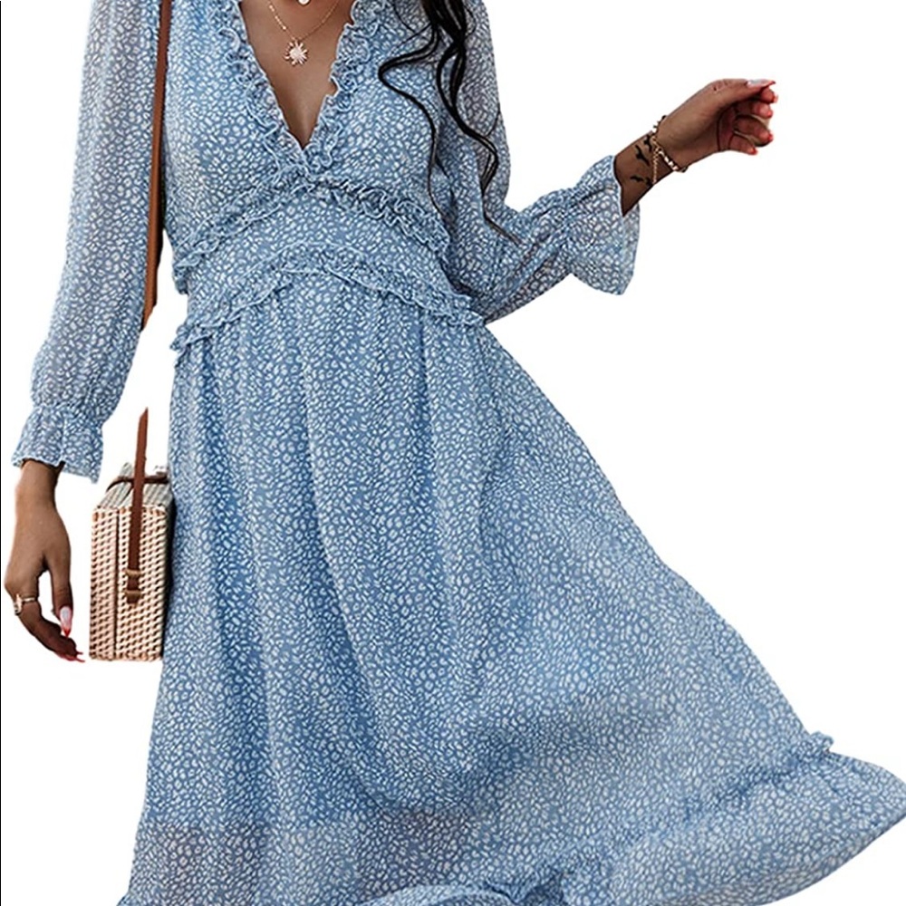 V Neck Ruffle Long Sleeve Floral Print A Line Long Midi Dress Size L